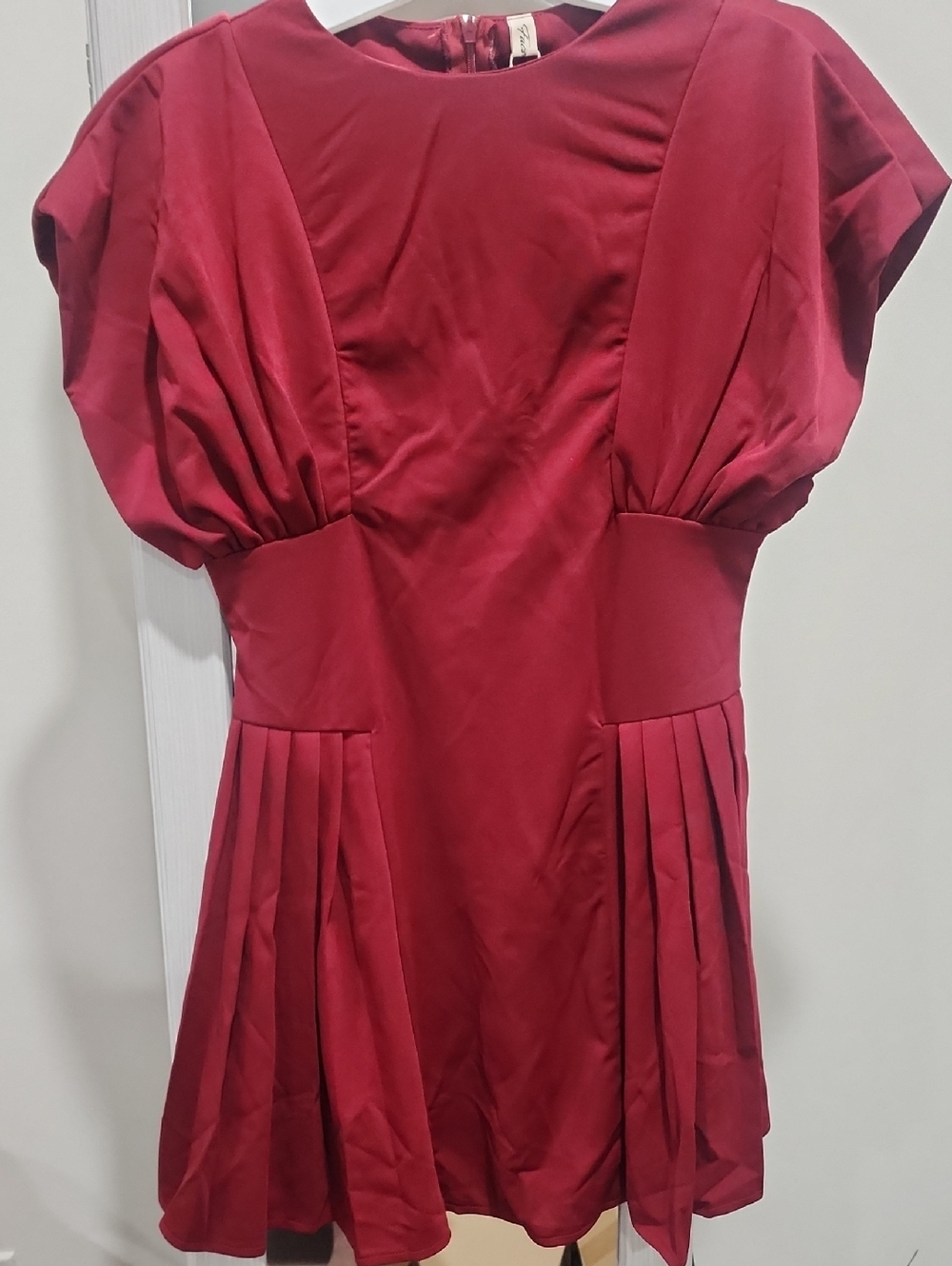 Red Short Sleeve Pleated Skater Dress